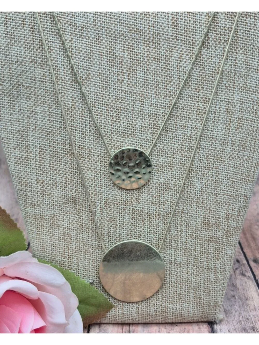 Layered Gold-Tone Necklace With Textured Circular Pendants 31